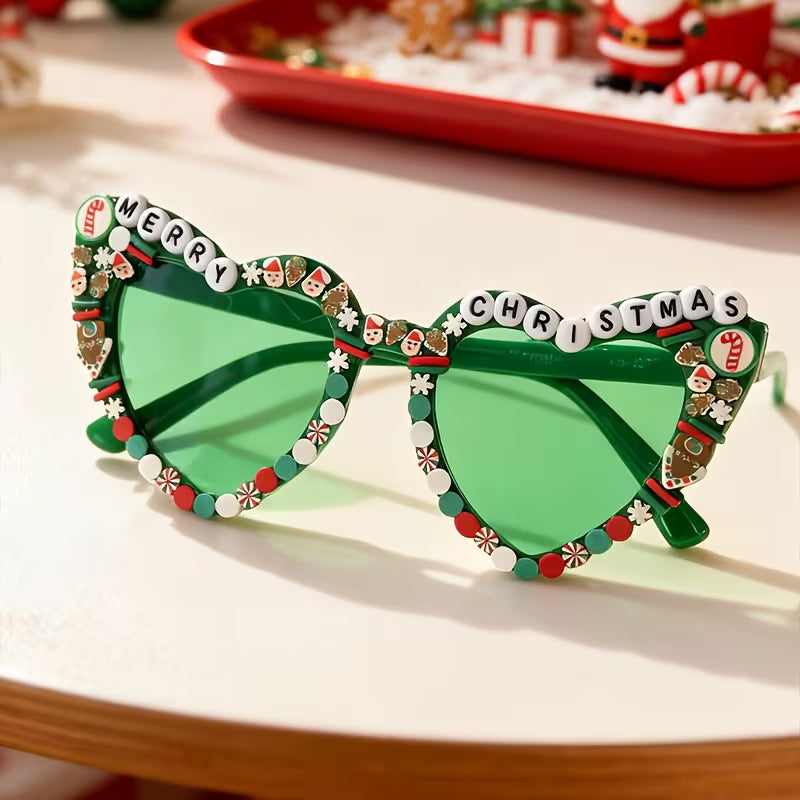 Heart-Shaped Christmas Glasses, Merry Christmas Party Photo Props