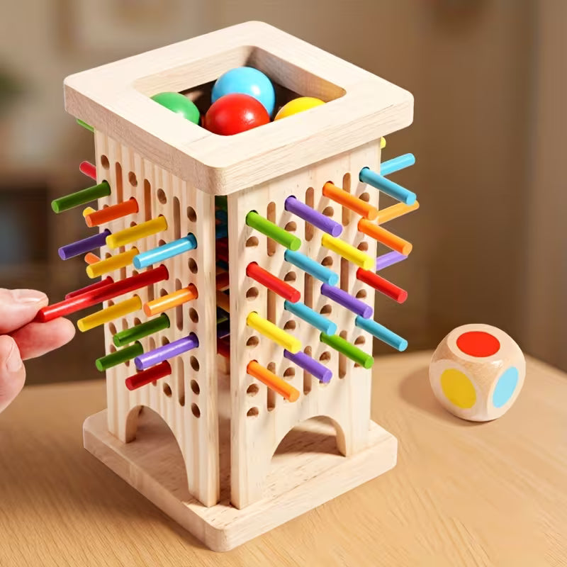 Wooden 3-in-1 Pull Stick Game | Kids Dice Rolling Color Matching Parent-Child Board Game